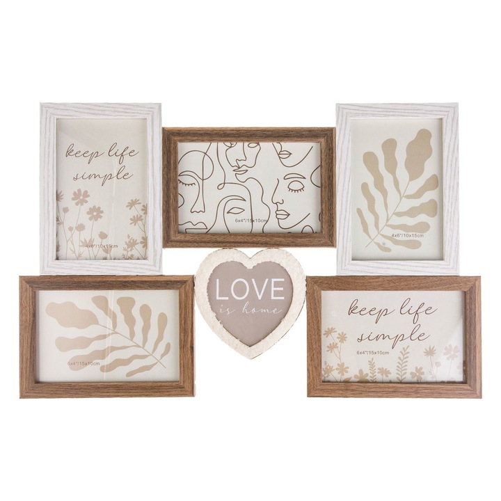 Rama foto pentru 5 poze, MDF, 45x29x1.5cm, maro/alb