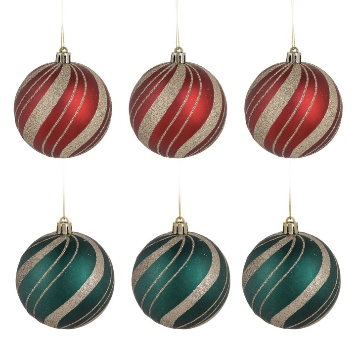 Set globuri de craciun rosii verzi dungi bej cu glitter ø6cm - 6buc