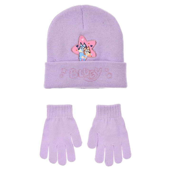 Set 2 piese caciula copii din acril si manusi cu design Bluey si Bingo 34832, Mov