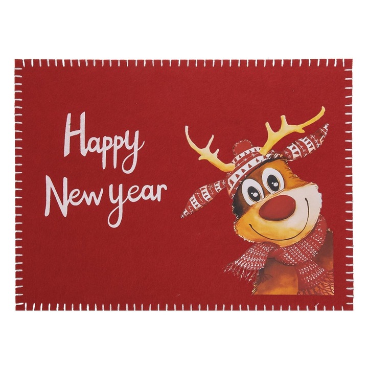 Piros filc karácsonyi tányéralátét rénszarvas mintával "happy new year" 40x30cm