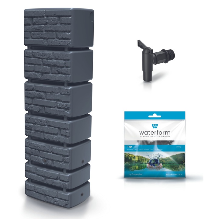 Rezervor de apa de ploaie Prosperplast TOWER BRICK IDTB350, 350l, antracit, 57,5x38,4x180cm, set complet