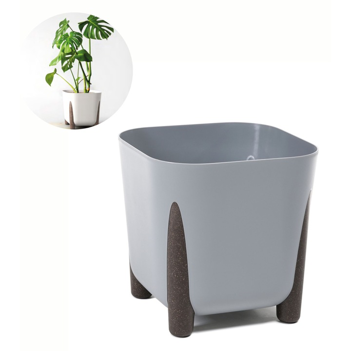 Квадратна саксия на крака Frida 260, сива, 25,6x23,1см, комплект с поставка за поливане