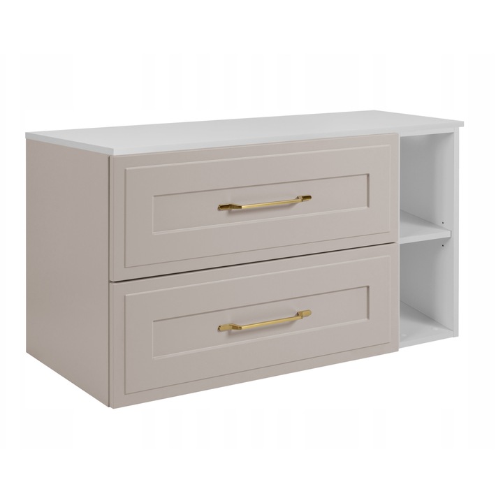 Fürdőszoba szekrény pulttal és polcokkal, Rodan, Klasszikus, 100x57x46 cm, 16 mm laminált lap anyag, MDF előlap, ABS élek, Előlap - Széles keret, Soft Close mechanizmus, Kasmír/Fehér