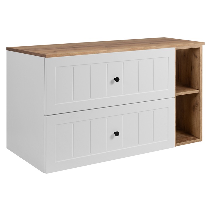 Fürdőszoba szekrény pulttal és polcokkal, Rodan, Gusto, 100x57x46 cm, 16 mm laminált lap anyag, MDF előlap, ABS élek, előlap - gyanta, Soft Close mechanizmus, fehér/aranyszínű tölgy Craft