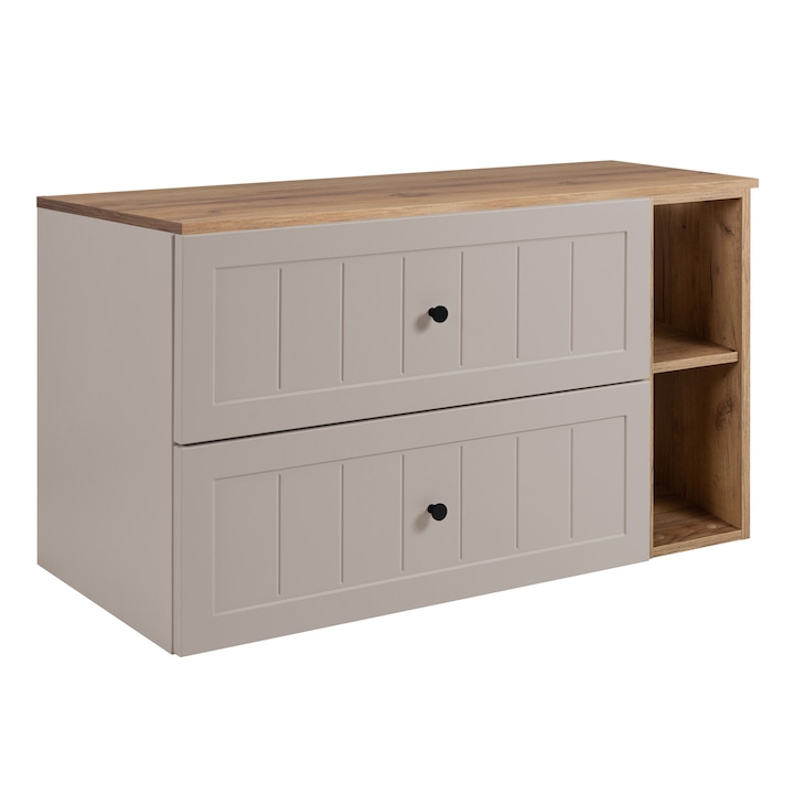 Шкаф за баня с плот и рафтове, Rodan, Gusto, 80x57x46 см, материал ламинирана плоскост 16 мм, предна част MDF, ABS кантове, предна част - смола, механизъм Soft Close, кашмир/златен дъб Craft