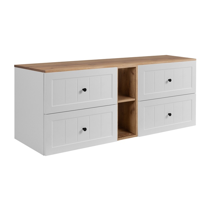 Rodan Gusto Fürdőszoba szekrény munkalappal és polcokkal, mosdó alá, 140x57x46 cm, 16 mm laminált lap anyag, MDF előlap, ABS élek, előlap - bordás, Soft Close mechanizmus, fehér/arany craft tölgy