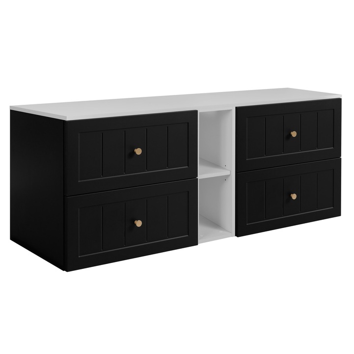 Rodan Gusto Fürdőszoba szekrény munkalappal és polcokkal, mosdó alá, 140x57x46 cm, 16 mm laminált lap anyag, MDF előlap, ABS élek, Előlap - bordás, Soft Close mechanizmus, Fekete/Fehér