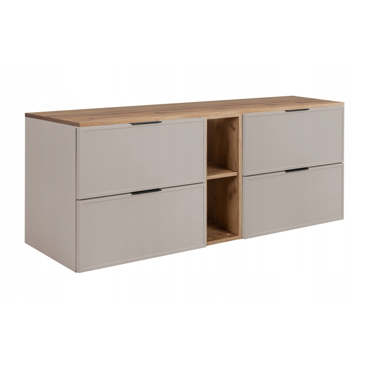 Шкаф за баня с плот и рафтове, Rodan, Slim, 140x57x46 см, материал ламинирана плоскост 16 мм, MDF фронт, ABS кантове, фронт - рамка, механизъм Soft Close, кашмир/златен дъб Craft