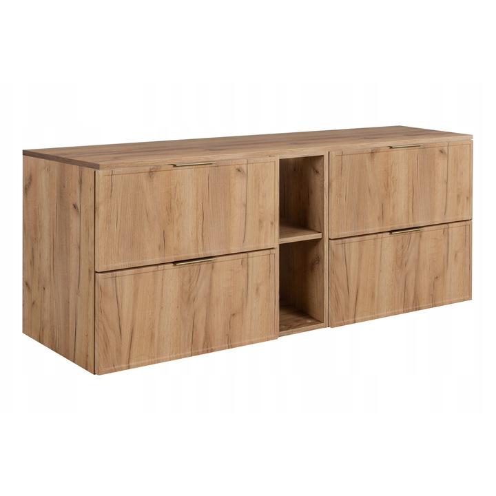 Rodan Slim Fürdőszoba szekrény munkalappal és polcokkal, mosdó alá, 140x57x46 cm, 16 mm-es laminált forgácslap, MDF előlap, ABS élek, előlap - keret, Soft Close mechanizmus, Craft arany tölgy