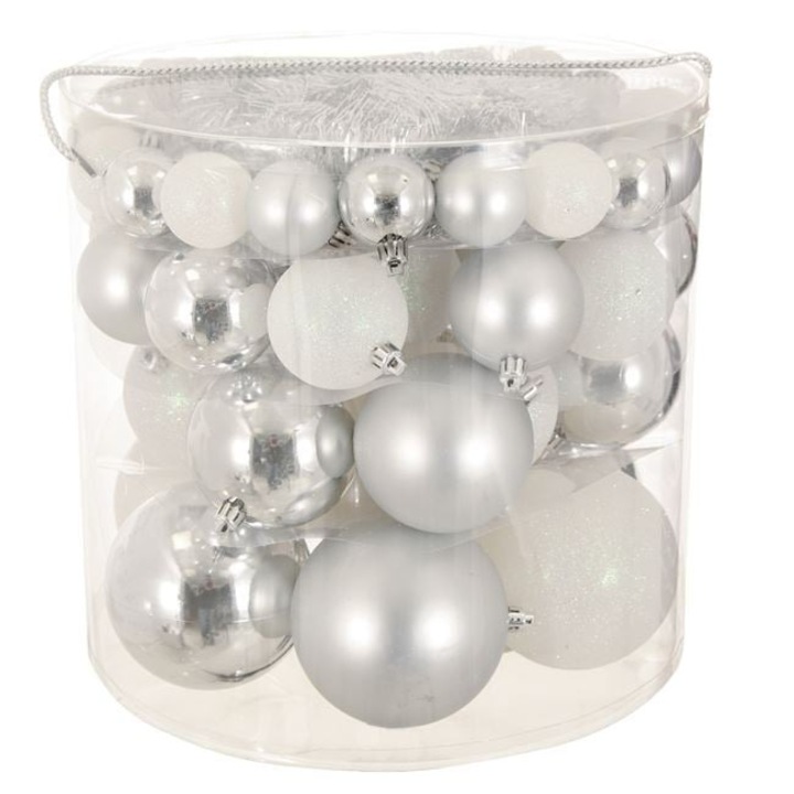 Set Globuri Craciun CasaShop® 54 Buc, Argintii & Albe, Mate, Stralucitoare & Glitter, Diverse Marimi 4/6/8/10cm, Ornamente Elegante pentru Bradul de Craciun