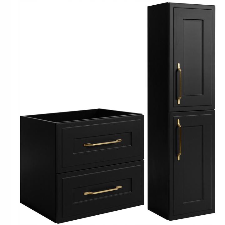 Set Mobilier Baie Rodan, Clasic, Dulap 60x57x46 cm, Dulap Tip Coloana 35x136x27 cm, Material Panza Laminata 16 mm, Front MDF, Margini ABS, Front - Rama Lata, Mecanism Soft Close, Negru