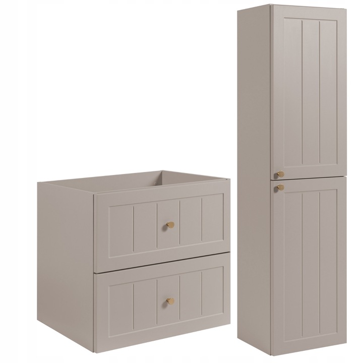 Комплект мебели за баня Rodan, Gusto, шкаф 60x57x46 см, колонен шкаф 35x136x27 см, материал 16 мм ламиниран плат, MDF фронт, ABS кантове, фронт - деликатни фрези, механизъм Soft Close, кашмир