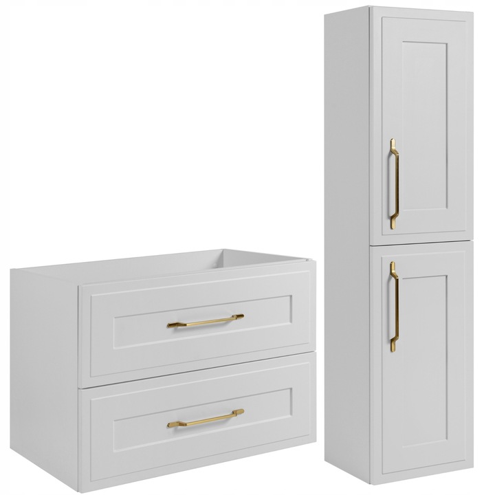 Комплект мебели за баня Rodan, класически, шкаф 80x57x46 см, шкаф тип колона 35x136x27 см, материал ламиниран плат 16 мм, фронт МДФ, ABS кантове, фронт - широка рамка, механизъм Soft Close, бял