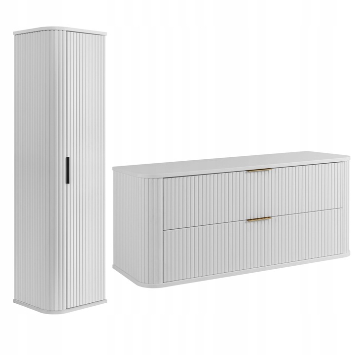 Комплект мебели за баня, Родан, Елегантност, Шкаф 120.4x51.7x41.5 см, Шкаф тип колона 35.5x139x31.5 см, Материал Ламиниран плат 16 мм, MDF фронт, ABS кантове, Фронт - Смола, Овална форма, Механизъм Soft Close, Бял