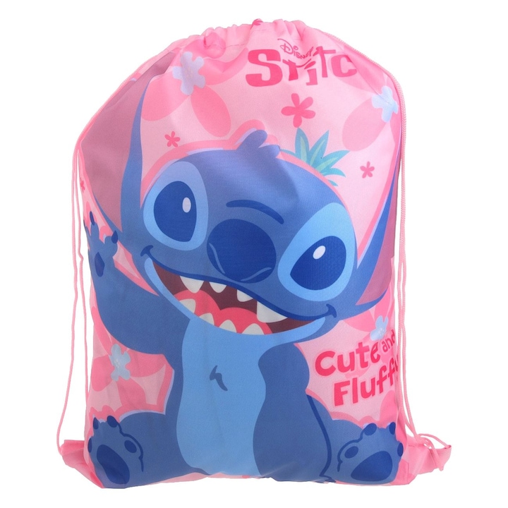 Rucsac roz cu model stitch "cute & fluffy" 34x44, 5cm