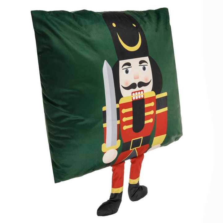 Perna decorativa catifelata verde cu soldat de lemn 3D, 43x41cm