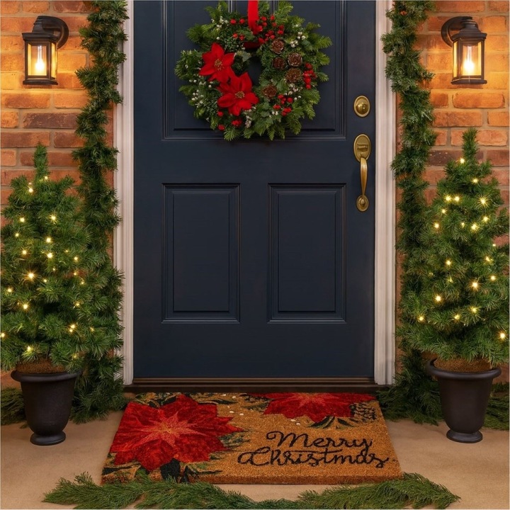 Barna karácsonyi bejárati szőnyeg karácsonyi virág mintával és "merry christmas" üzenettel 60x40cm