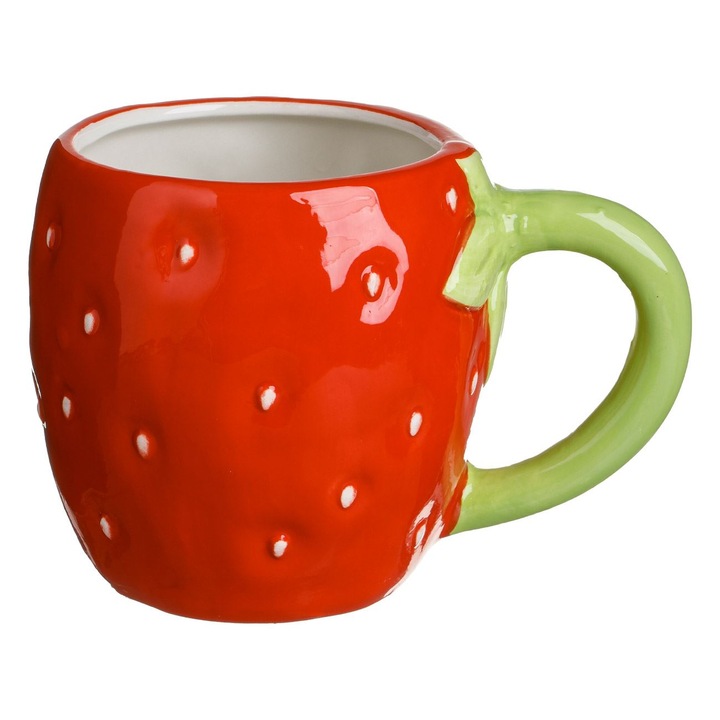 Cana ceramica ovala rosie in forma de capsuna 3d cu maner verde 380ml