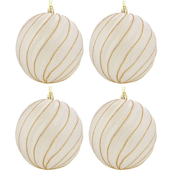 Set globuri de craciun albe irizate cu model ondulat & glitter ø12cm - 4buc