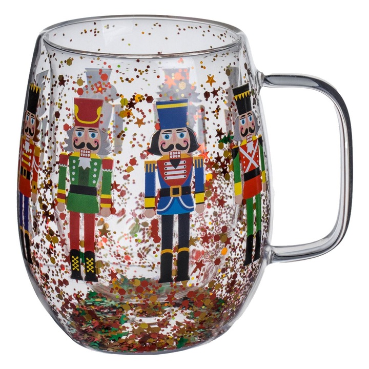 Cana din sticla cu perete dublu confetti colorat & soldat de lemn 250ml