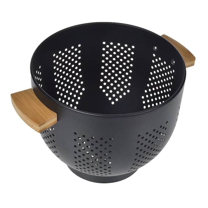 Черна метална цедка с бамбукови дръжки, Ø22 x 18 см