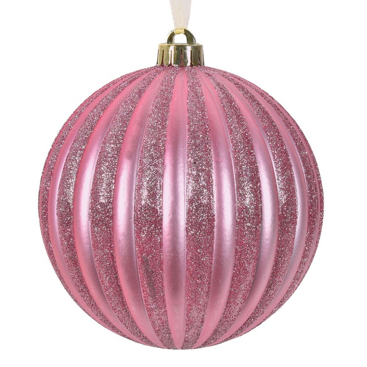 Ornament brad de craciun glob roz mat cu dungi & glitter ø15cm