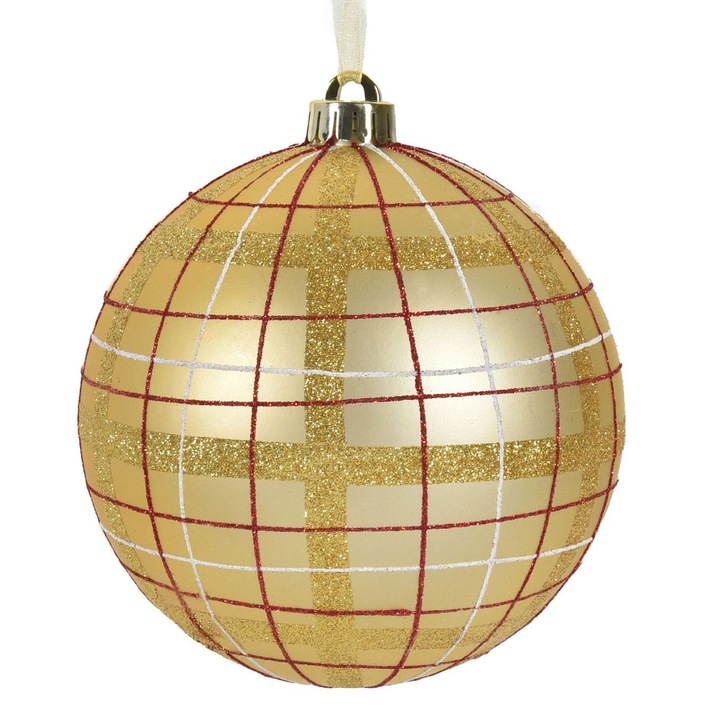 Ornament Brad de Craciun Glob Auriu Mat in Carouri Rosii Albe Glitter Modele Ø15cm