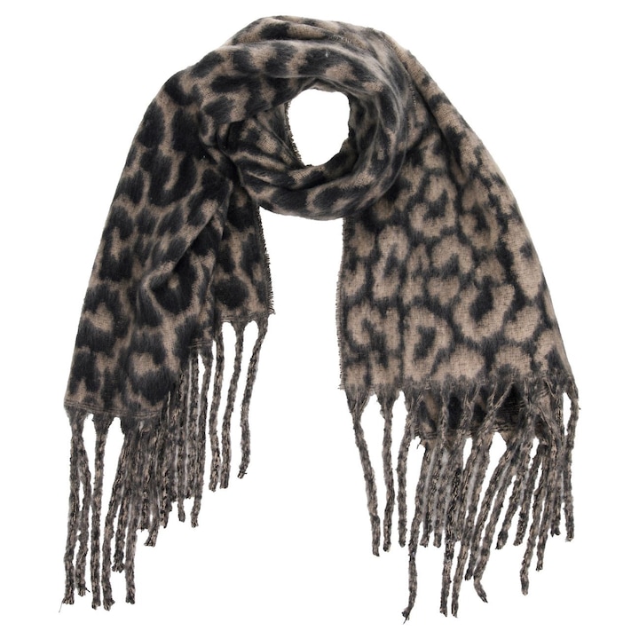 Esarfa, poliester, bej-negru cu model leopard si franjuri lungi 200x57cm