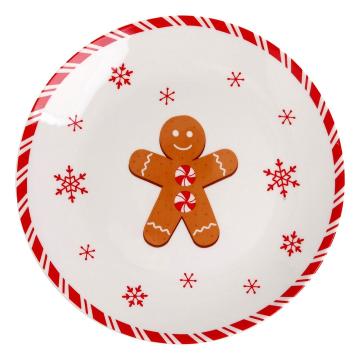 Farfurie de Crăciun din porțelan alb cu model om de turtă dulce, 19cm