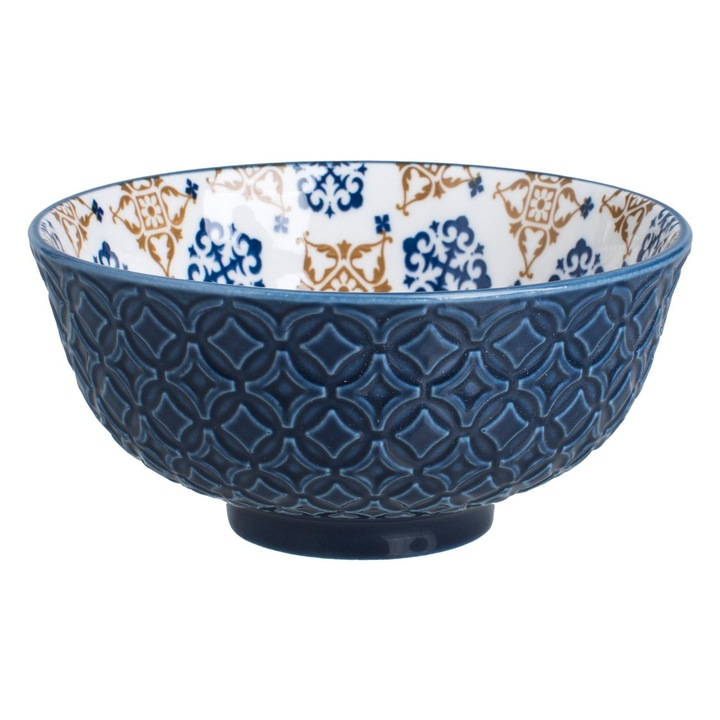 Bol din portelan albastru cu interior alb & modele 300ml