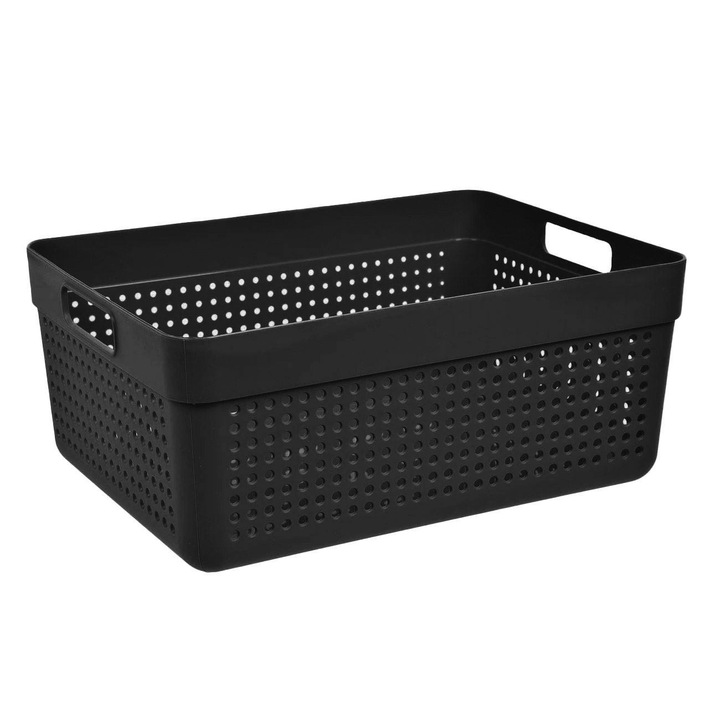 Черна пластмасова кошница за съхранение с перфориран десен и дръжки 10л