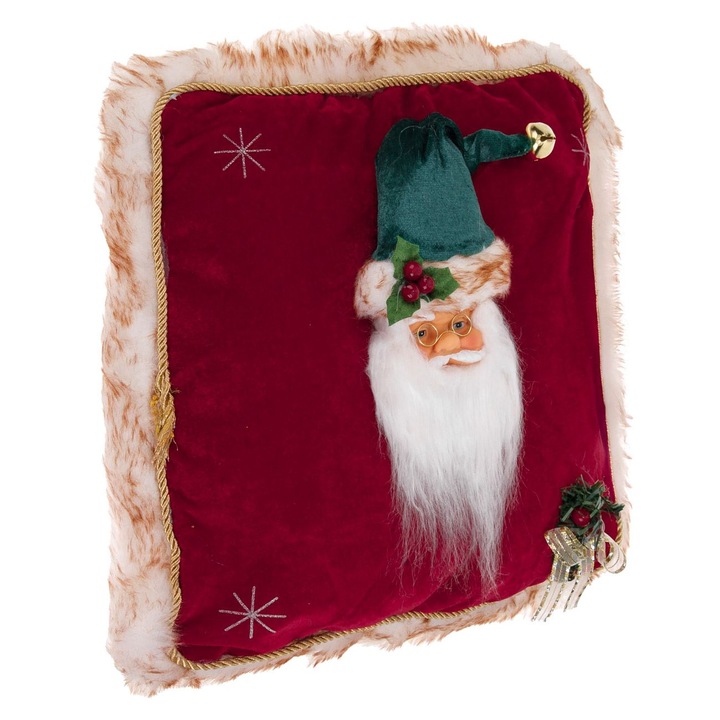 Perna decorativa de craciun rosie catifelata cu model 3d mos craciun 35x35cm