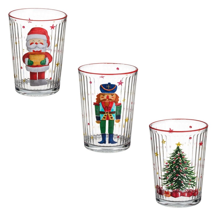3 db átlátszó üvegpohár szett, vintage karácsonyi figurákkal, 500 ml