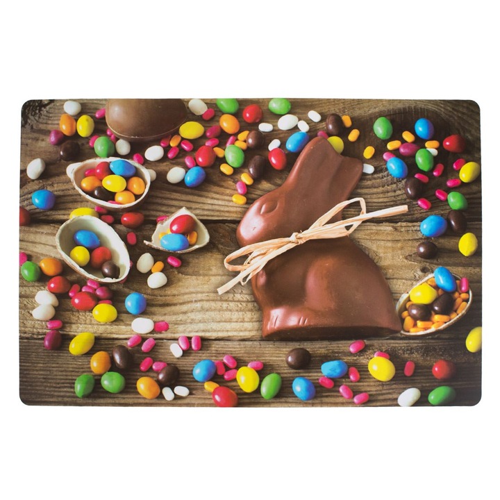 Suport farfurie de paste din plastic cu model iepure de ciocolata cu bomboane colorate 30x45cm