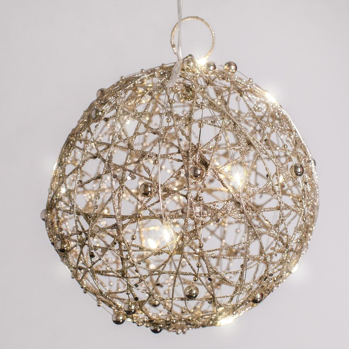 Glob decorativ de craciun cu tinsel sampaniu & 15 becuri led ø15cm