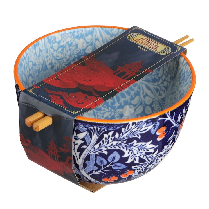 Kék porcelán tál narancssárga mintákkal és evőpálcikákkal 720ml