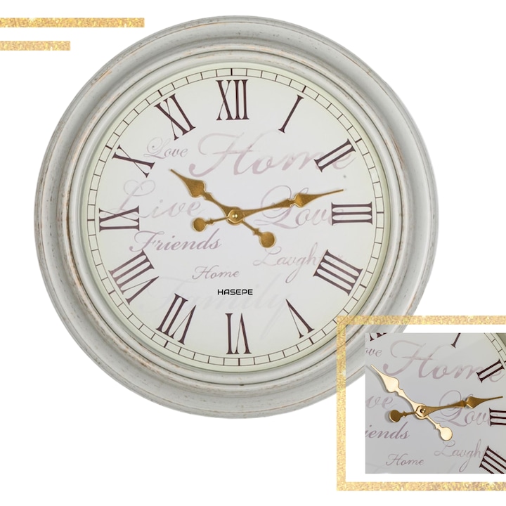 HASEPE 50 cm-es dekoratív falióra, fehér szálcsiszolt keret nagyméretű római számokkal és inspiráló üzenetekkel díszített háttérrel, vintage modell, elegáns klasszikus design nappaliba, hálószobába vagy konyhába, csendes mechanizmus, fehér