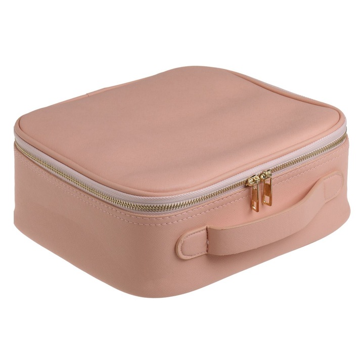Portfard valiza roz din piele artificiala cu separatori & huse pentru pensule 26x23x10cm