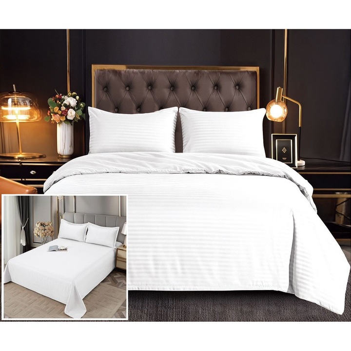 Lenjerie de pat Pucioasa Damasc, 6 piese, design elegant, alb