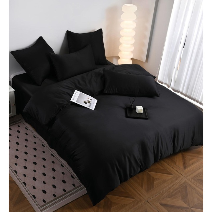 Lenjerie de pat tip matase Pucioasa, Nexora TM014, set 4 piese, bumbac si poliester, design elegant, pentru 2 persoane