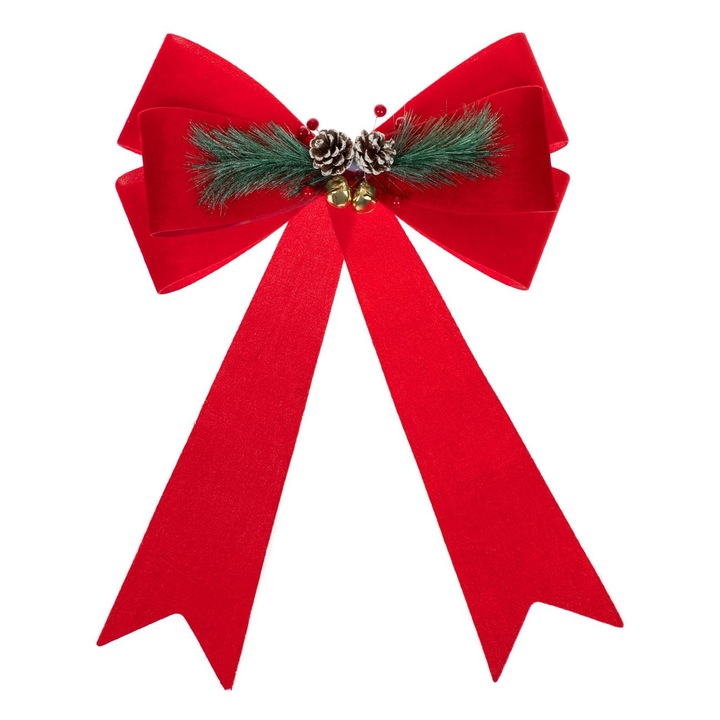 Fundita decorativa rosie catifelata cu clopotei & pomusoare de craciun 61cm