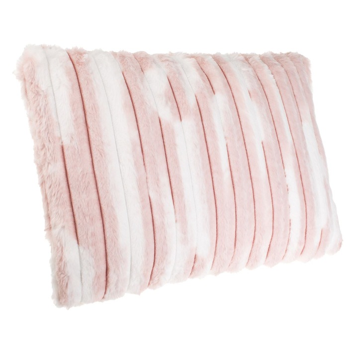 Perna decorativa roz ecru din imitatie de blana cu model dungi reliefate pentru canapea 55x37cm