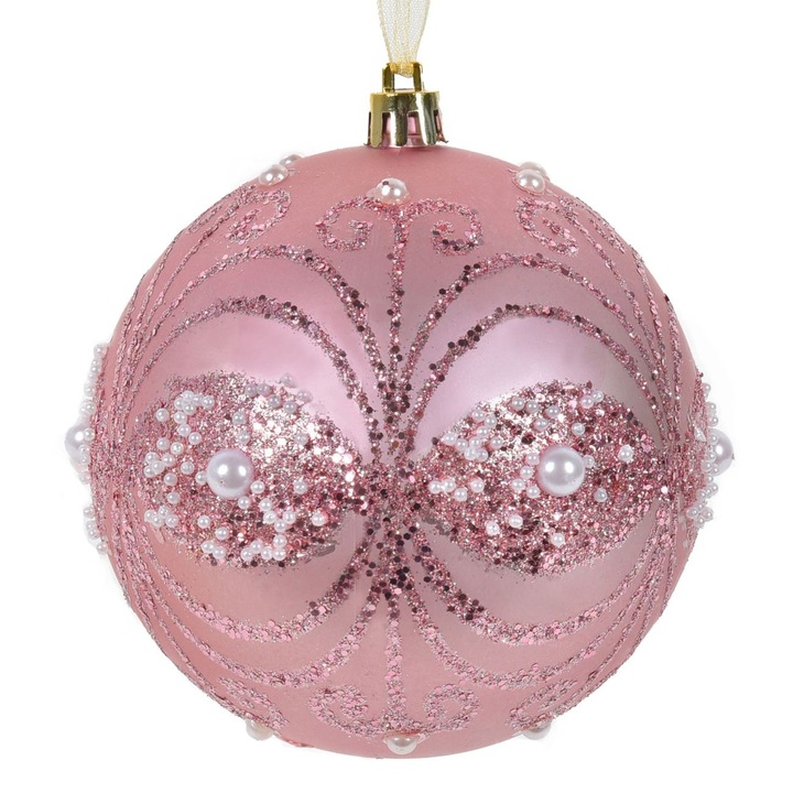 Ornament brad de craciun glob roz cu glitter & margele ø10cm