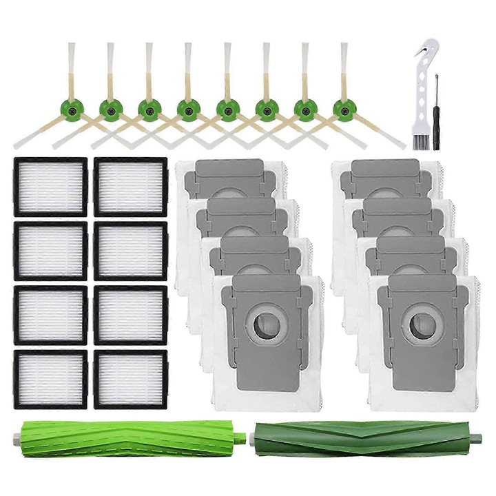 Kit piese de schimb pentru aspiratoare robot iRobot Roomba i7 i3 i4 i6 i8 j7 E5 E6 E7, 8 perii laterale, 8 filtre Hepa, 2 perii din cauciuc, multicolor