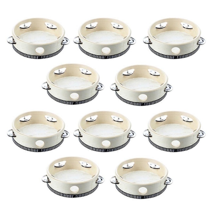 Set 10 Tamburine Muzicale, culoare lemn, dimensiune 20x20x3cm