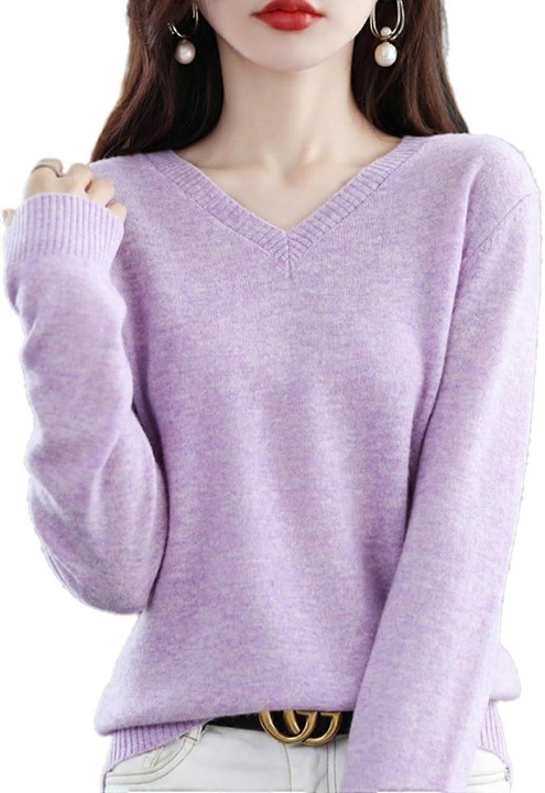 Pulover dama, casmir, decolteu in V, mov