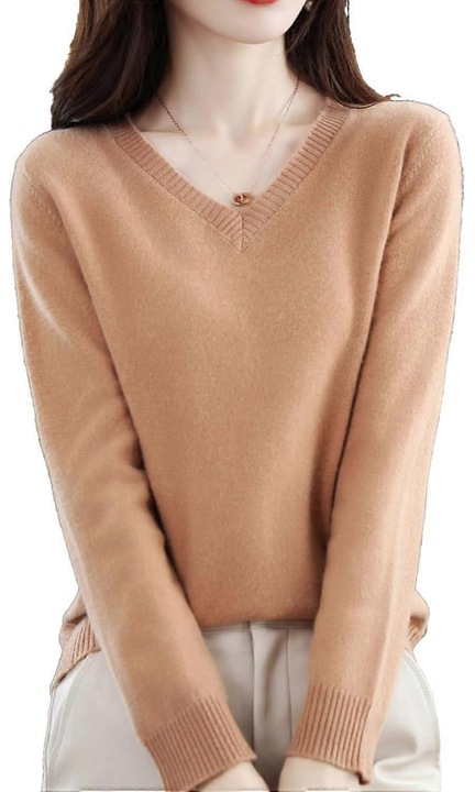 dama, pulover cu decolteu in V, 100% casmir, Camel, Maro
