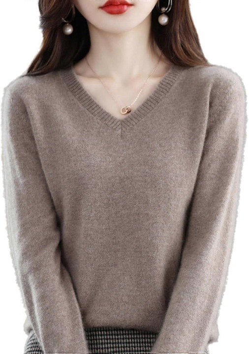 Pulover dama casmir moale decolteu in V maneca lunga camel
