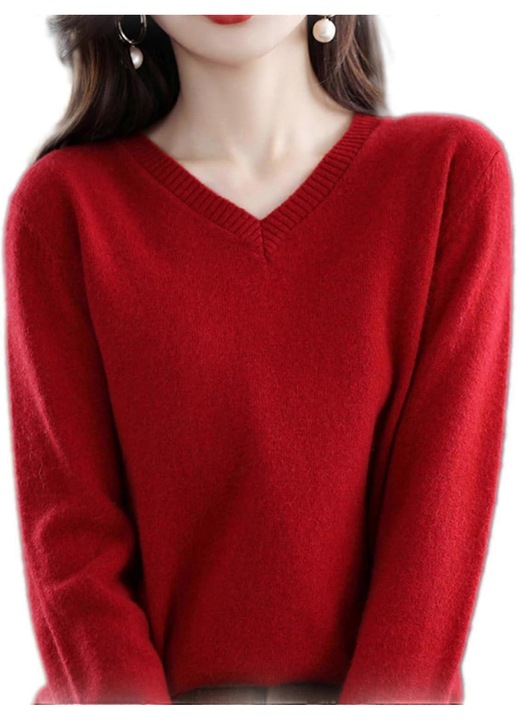 Pulover dama casmir 100% decolteu in V maneca lunga rosu