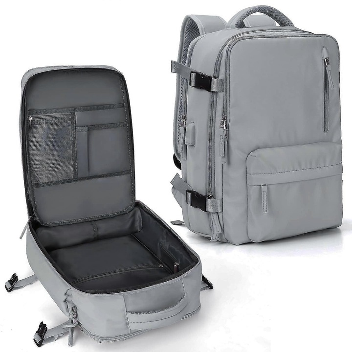 Rucsac de calatorie cu capacitate mare, compartimente multiple, gri inchis, 40L